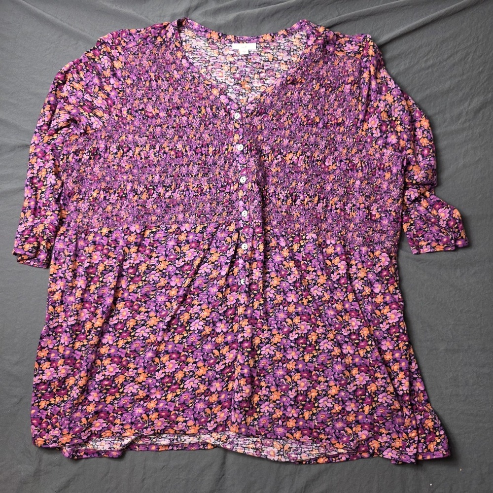 J. Jill Women's shirt Purple Floral Smocked V-Neck Knit Top 3x